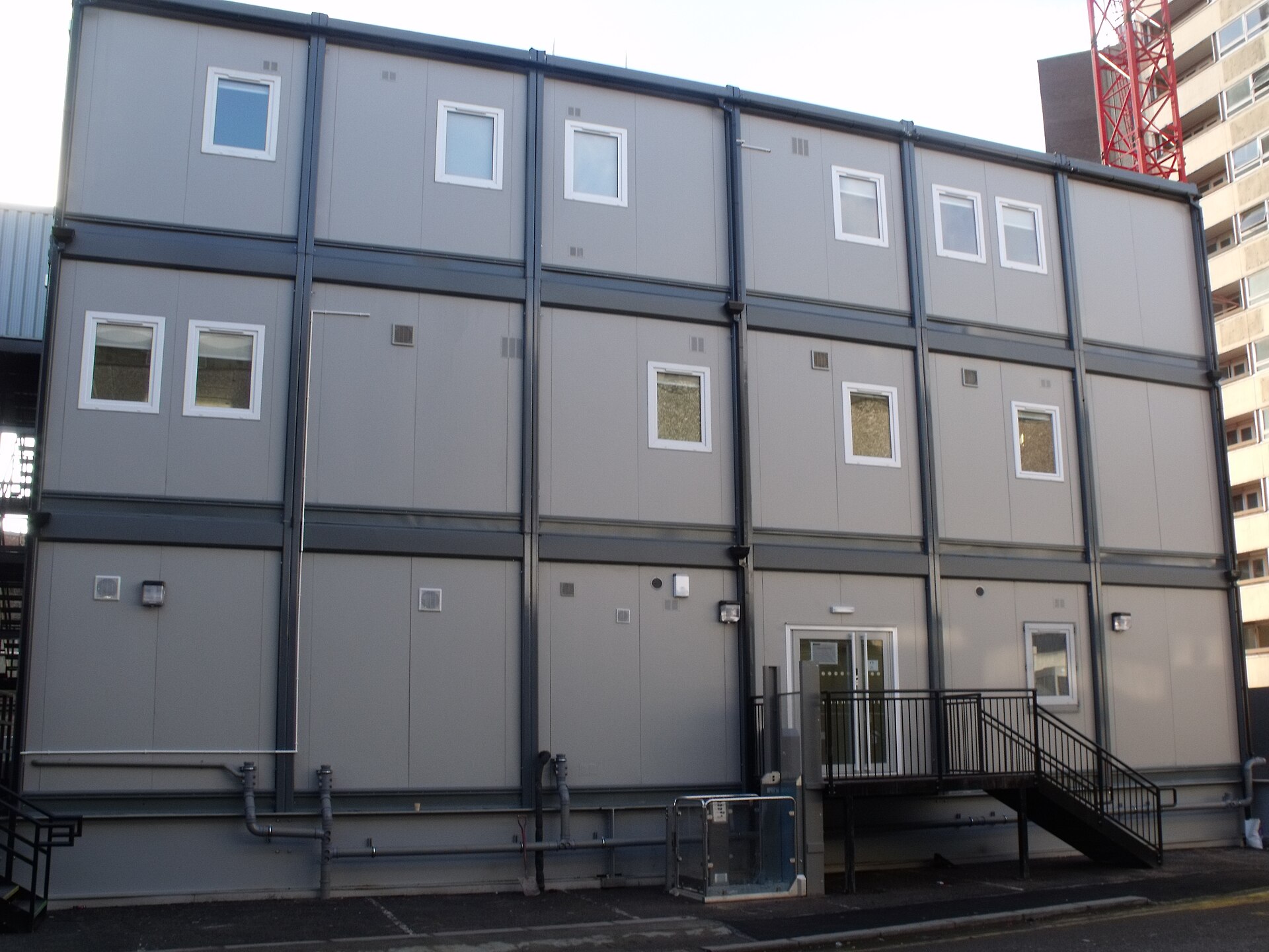 Multi-story Portakabin modular office building on a commercial site