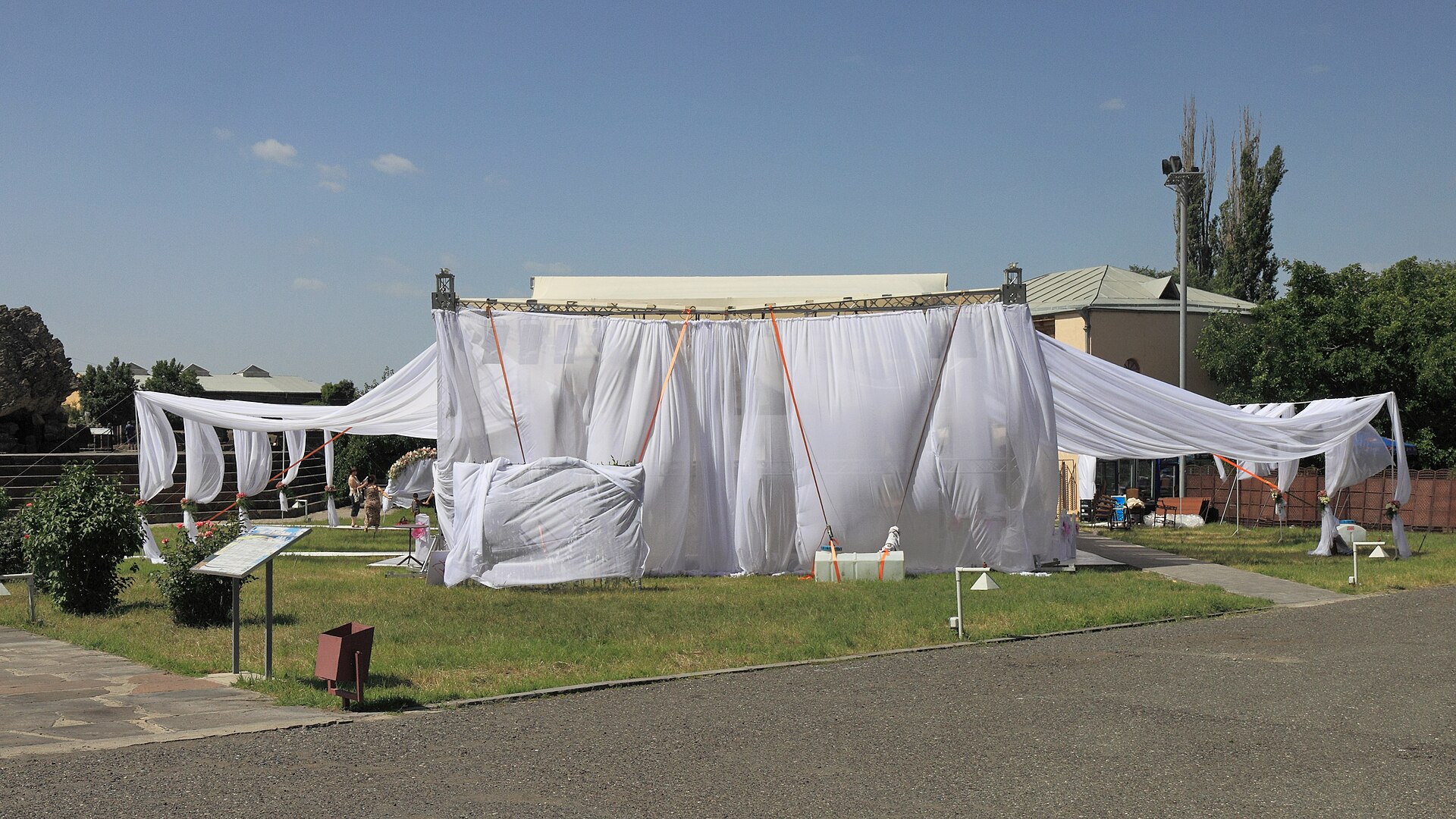 Draped white wedding and banquet marquee pavilion